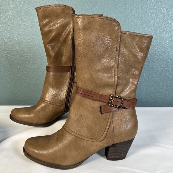 BareTraps Shoes - Baretraps Mid Calf Roxie Heeled Boots Womens Faux Leather Zip Buckle Cowgirl 9.5